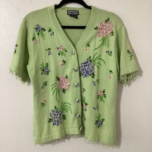 Vintage 90s Green Fairy Granny Cottagecore Grandma Wearable Art Knit Cardigan L